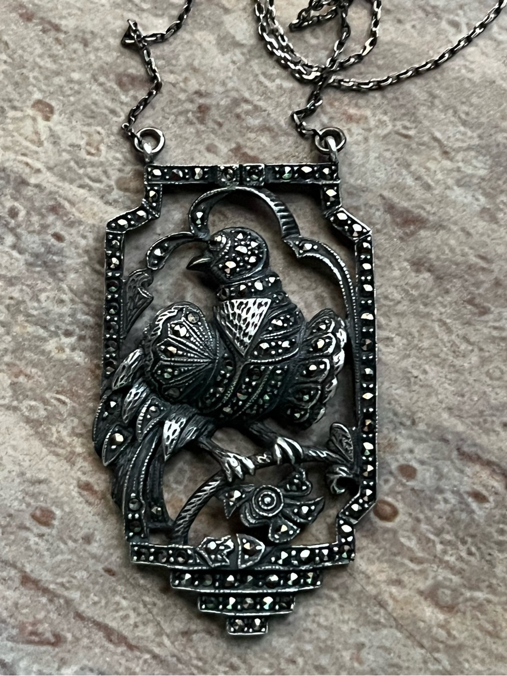Antique Sterling Silver And Marcasite Bird Necklace - Picture 6 of 16